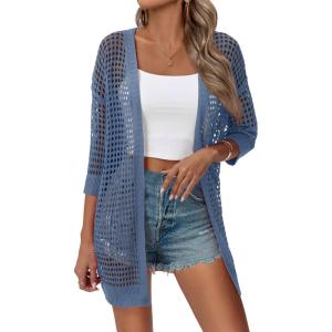 image:imageZeagoo Womens 2026 Summer Crochet Lightweight Cardigan Short Sleeve Boho Kimono Oversized Open Front Sweater TopsBlue