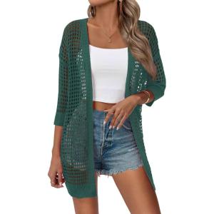 image:imageZeagoo Womens 2026 Summer Crochet Lightweight Cardigan Short Sleeve Boho Kimono Oversized Open Front Sweater TopsGreen