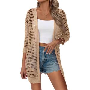 image:imageZeagoo Womens 2026 Summer Crochet Lightweight Cardigan Short Sleeve Boho Kimono Oversized Open Front Sweater TopsKhaki
