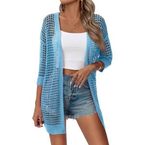 image:imageZeagoo Womens 2026 Summer Crochet Lightweight Cardigan Short Sleeve Boho Kimono Oversized Open Front Sweater TopsLake Blue