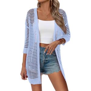image:imageZeagoo Womens 2026 Summer Crochet Lightweight Cardigan Short Sleeve Boho Kimono Oversized Open Front Sweater TopsLight Blue