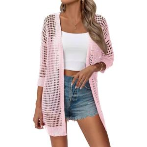 image:imageZeagoo Womens 2026 Summer Crochet Lightweight Cardigan Short Sleeve Boho Kimono Oversized Open Front Sweater TopsLight Pink