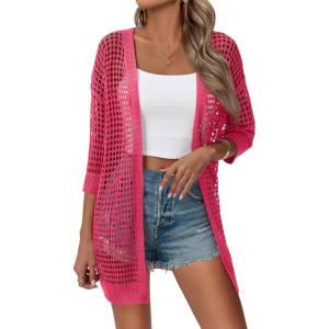 image:imageZeagoo Womens 2026 Summer Crochet Lightweight Cardigan Short Sleeve Boho Kimono Oversized Open Front Sweater TopsRose Red