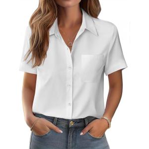 image:imageZeagoo Womens Button Down Shirt Bust Pocket Short Sleeve Blouses Business Casual Work Tops Summer OutfitsAwhite