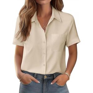 image:imageZeagoo Womens Button Down Shirt Bust Pocket Short Sleeve Blouses Business Casual Work Tops Summer OutfitsBeige