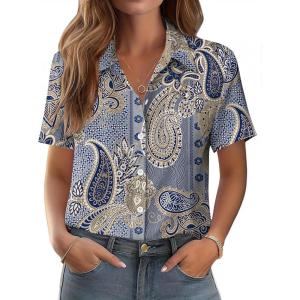 image:imageZeagoo Womens Button Down Shirt Bust Pocket Short Sleeve Blouses Business Casual Work Tops Summer OutfitsBoho Blue 919