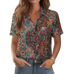 image:imageZeagoo Womens Button Down Shirt Bust Pocket Short Sleeve Blouses Business Casual Work Tops Summer OutfitsBoho Multicolor 721