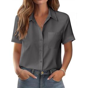 image:imageZeagoo Womens Button Down Shirt Bust Pocket Short Sleeve Blouses Business Casual Work Tops Summer OutfitsDark Grey