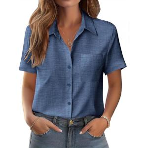 image:imageZeagoo Womens Button Down Shirt Bust Pocket Short Sleeve Blouses Business Casual Work Tops Summer OutfitsDenim Blue
