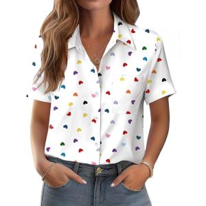 image:imageZeagoo Womens Button Down Shirt Bust Pocket Short Sleeve Blouses Business Casual Work Tops Summer OutfitsHeart Colorful 25