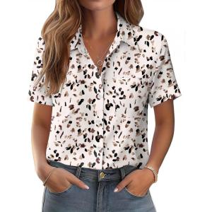 image:imageZeagoo Womens Button Down Shirt Bust Pocket Short Sleeve Blouses Business Casual Work Tops Summer OutfitsLeopard Apricot 443