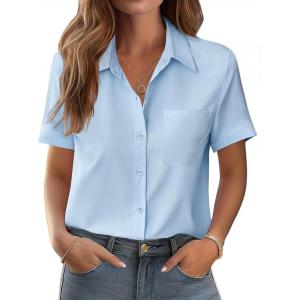 image:imageZeagoo Womens Button Down Shirt Bust Pocket Short Sleeve Blouses Business Casual Work Tops Summer OutfitsLight Blue