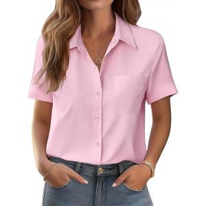 image:imageZeagoo Womens Button Down Shirt Bust Pocket Short Sleeve Blouses Business Casual Work Tops Summer OutfitsLight Pink
