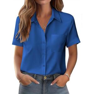 image:imageZeagoo Womens Button Down Shirt Bust Pocket Short Sleeve Blouses Business Casual Work Tops Summer OutfitsSnorkel Blue