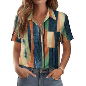 image:imageZeagoo Womens Button Down Shirt Bust Pocket Short Sleeve Blouses Business Casual Work Tops Summer OutfitsStripes Multicolor 289