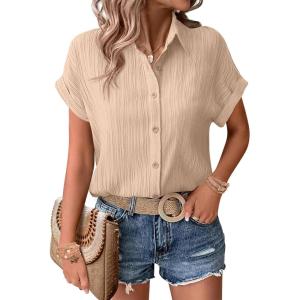 image:imageZeagoo Womens Button Down Shirts Casual Short Sleeve Dress Shirt Textured Collared Summer Clothes Work BlouseApricot