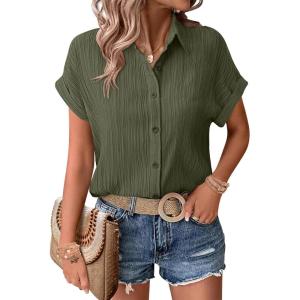 image:imageZeagoo Womens Button Down Shirts Casual Short Sleeve Dress Shirt Textured Collared Summer Clothes Work BlouseArmy Green