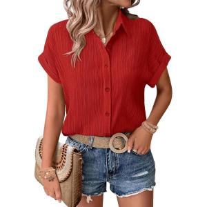 image:imageZeagoo Womens Button Down Shirts Casual Short Sleeve Dress Shirt Textured Collared Summer Clothes Work BlouseBright Red