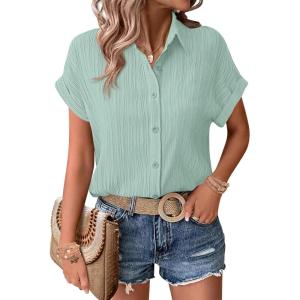 image:imageZeagoo Womens Button Down Shirts Casual Short Sleeve Dress Shirt Textured Collared Summer Clothes Work BlouseCool Mint Green