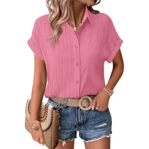 image:imageZeagoo Womens Button Down Shirts Casual Short Sleeve Dress Shirt Textured Collared Summer Clothes Work BlouseCoral
