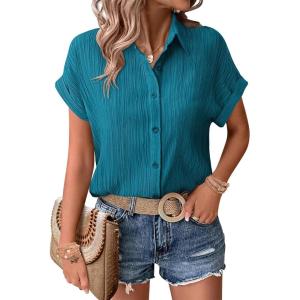 image:imageZeagoo Womens Button Down Shirts Casual Short Sleeve Dress Shirt Textured Collared Summer Clothes Work BlouseLake Blue