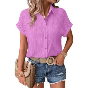 image:imageZeagoo Womens Button Down Shirts Casual Short Sleeve Dress Shirt Textured Collared Summer Clothes Work BlouseLavender