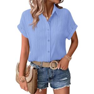 image:imageZeagoo Womens Button Down Shirts Casual Short Sleeve Dress Shirt Textured Collared Summer Clothes Work BlouseLight Blue