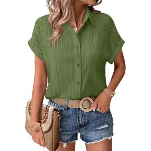 image:imageZeagoo Womens Button Down Shirts Casual Short Sleeve Dress Shirt Textured Collared Summer Clothes Work BlouseLight Green
