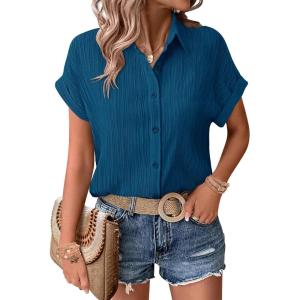 image:imageZeagoo Womens Button Down Shirts Casual Short Sleeve Dress Shirt Textured Collared Summer Clothes Work BlousePeacock Blue