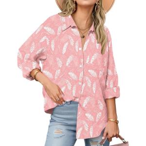image:imageZeagoo Womens Button Down Shirts Long Sleeve Cotton Gauze Tops Casual Collared Blouses Loose FitPink Tropical