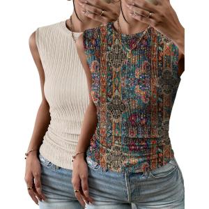 image:imageZeagoo Womens High Neck Tank Top 2026 Summer Casual Ribbed Knit Slim Fitted Basic Textured Sleeveless Shirts2 Pack Beige  Mz721