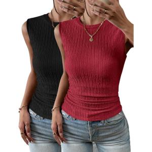 image:imageZeagoo Womens High Neck Tank Top 2026 Summer Casual Ribbed Knit Slim Fitted Basic Textured Sleeveless Shirts2 Pack Black  Red