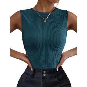 image:imageZeagoo Womens High Neck Tank Top 2026 Summer Casual Ribbed Knit Slim Fitted Basic Textured Sleeveless ShirtsBlue Green