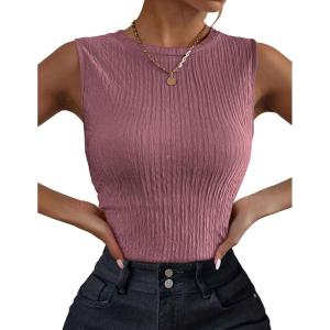 image:imageZeagoo Womens High Neck Tank Top 2026 Summer Casual Ribbed Knit Slim Fitted Basic Textured Sleeveless ShirtsRed Bean Paste