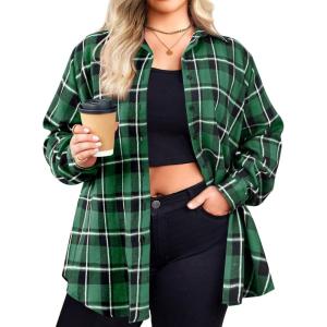 image:imageZeagoo Womens Plus Size Flannel Shirts Plaid Shirts Long Sleeves Casual Button Down Collared Shacket TopsAgreen
