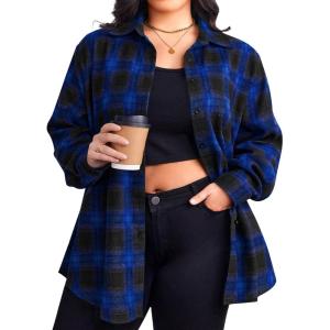 image:imageZeagoo Womens Plus Size Flannel Shirts Plaid Shirts Long Sleeves Casual Button Down Collared Shacket TopsBblue