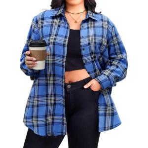 image:imageZeagoo Womens Plus Size Flannel Shirts Plaid Shirts Long Sleeves Casual Button Down Collared Shacket TopsBlue Black