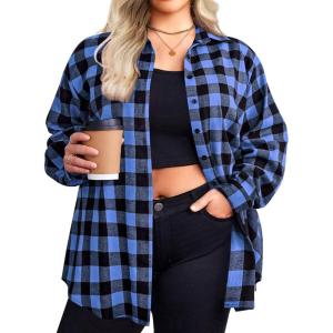 image:imageZeagoo Womens Plus Size Flannel Shirts Plaid Shirts Long Sleeves Casual Button Down Collared Shacket TopsCblue