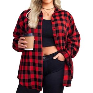 image:imageZeagoo Womens Plus Size Flannel Shirts Plaid Shirts Long Sleeves Casual Button Down Collared Shacket TopsCred