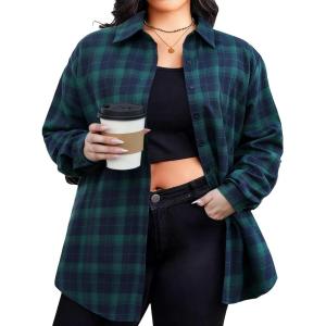 image:imageZeagoo Womens Plus Size Flannel Shirts Plaid Shirts Long Sleeves Casual Button Down Collared Shacket TopsGreen