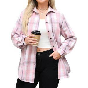 image:imageZeagoo Womens Plus Size Flannel Shirts Plaid Shirts Long Sleeves Casual Button Down Collared Shacket TopsLight Pink