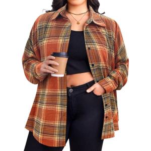 image:imageZeagoo Womens Plus Size Flannel Shirts Plaid Shirts Long Sleeves Casual Button Down Collared Shacket TopsOrange