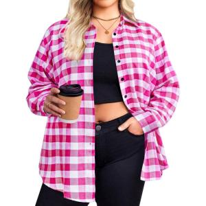 image:imageZeagoo Womens Plus Size Flannel Shirts Plaid Shirts Long Sleeves Casual Button Down Collared Shacket TopsPink