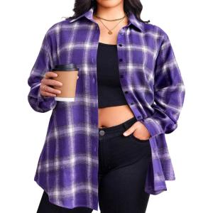 image:imageZeagoo Womens Plus Size Flannel Shirts Plaid Shirts Long Sleeves Casual Button Down Collared Shacket TopsPurple