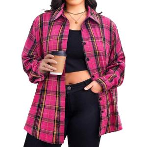 image:imageZeagoo Womens Plus Size Flannel Shirts Plaid Shirts Long Sleeves Casual Button Down Collared Shacket TopsRose Pink