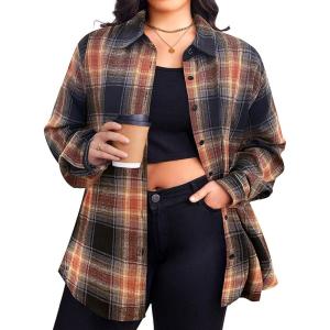 image:imageZeagoo Womens Plus Size Flannel Shirts Plaid Shirts Long Sleeves Casual Button Down Collared Shacket TopsSandy Brown