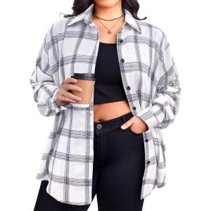 image:imageZeagoo Womens Plus Size Flannel Shirts Plaid Shirts Long Sleeves Casual Button Down Collared Shacket TopsWhite