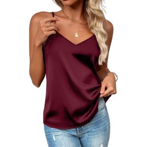 image:imageZeagoo Womens Silk Satin Tank Tops 2026 V Neck Adjustable Spaghetti Strap Sleeveless Camisole Summer Basic BlouseDeep Red