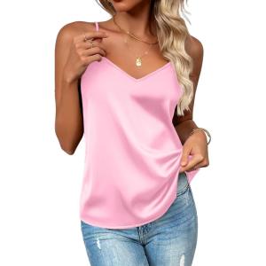 image:imageZeagoo Womens Silk Satin Tank Tops 2026 V Neck Adjustable Spaghetti Strap Sleeveless Camisole Summer Basic BlouseLight Pink