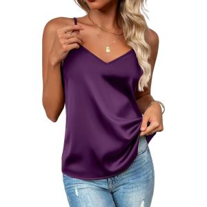 image:imageZeagoo Womens Silk Satin Tank Tops 2026 V Neck Adjustable Spaghetti Strap Sleeveless Camisole Summer Basic BlousePurple